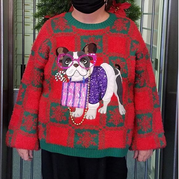 Holiday Time Women Boston Terrier Ugly Christmas Sweater Size 2X Red Green Plaid - Picture 1 of 4